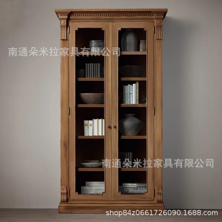 美式复古实木书柜带玻璃门实木双开门门餐边柜法式高端展示柜