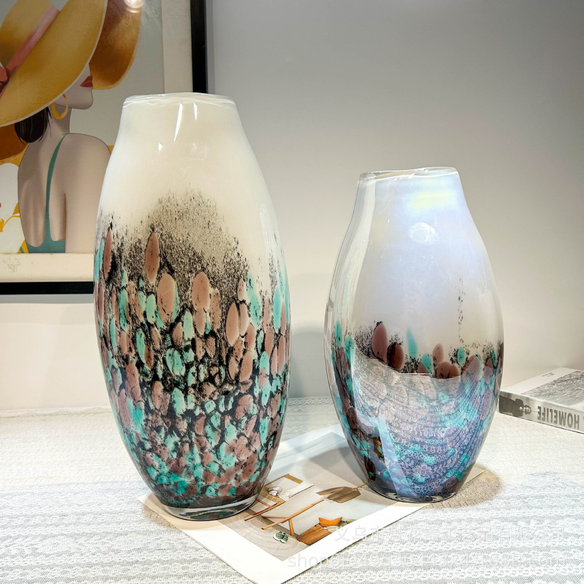 现代中古风手工琉璃花瓶餐桌插花器办公室创意摆件样板间高级装饰