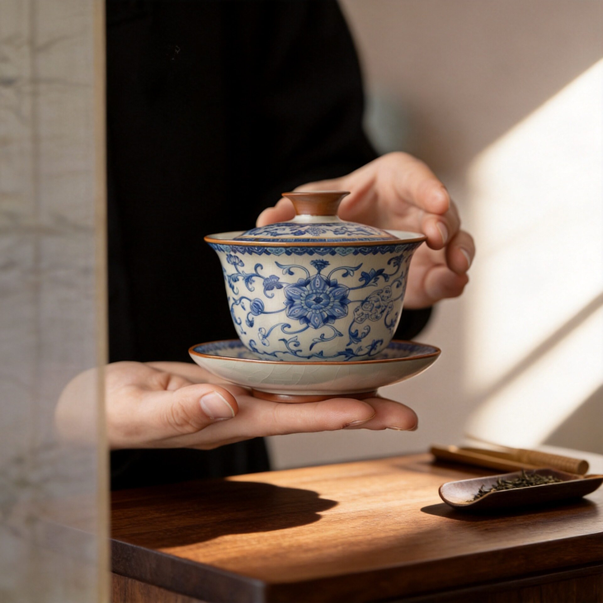青花汝窑三才盖碗茶杯单个带盖家用三件套功夫泡茶碗茶具套装