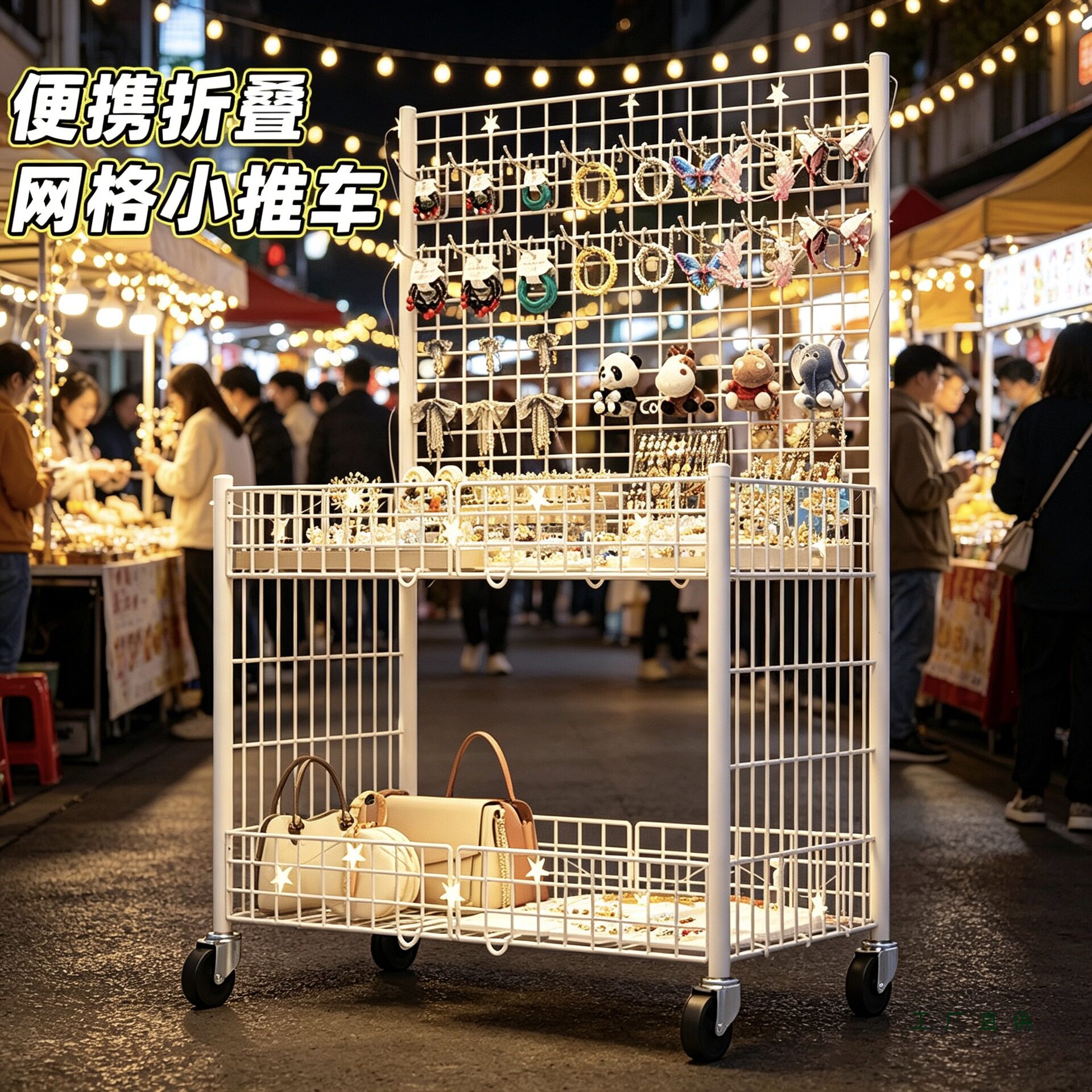 夜市摆地摊网格批发车移动摆摊创业小推车超市货架饰品折叠展示架