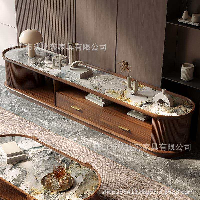 新中式乌金木实木茶几电视柜客厅家用椭圆形小户型中古黑胡桃色