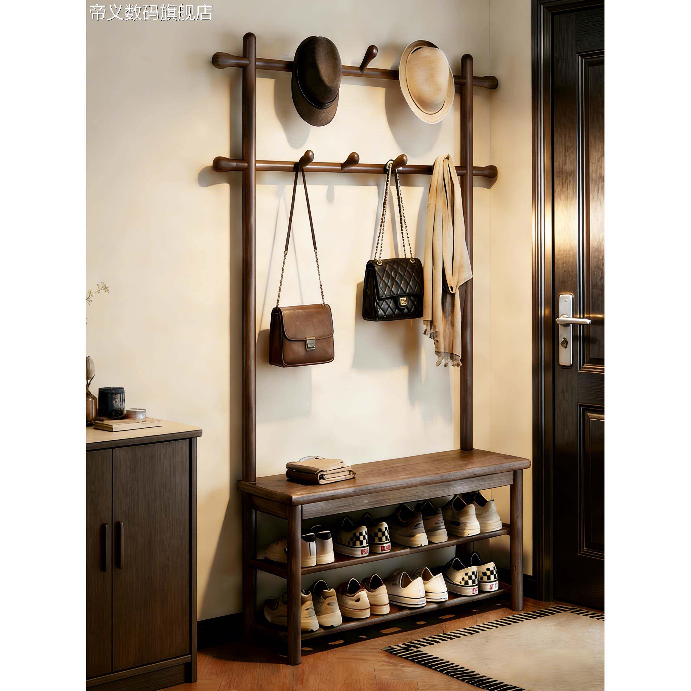 帝义实木换鞋凳挂衣架一体门口家用收纳置物架入户门可坐式玄盖布