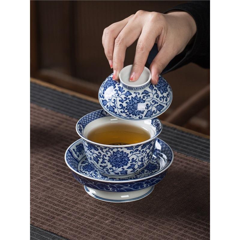 盖碗茶杯单个三才茶碗大号青花瓷茶具套装陶瓷缠枝莲白瓷功夫泡茶