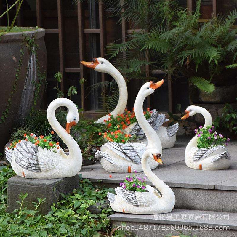 庭院花园装饰户外仿真动物摆件树脂工艺品天鹅花盆花缸罗马柱底座
