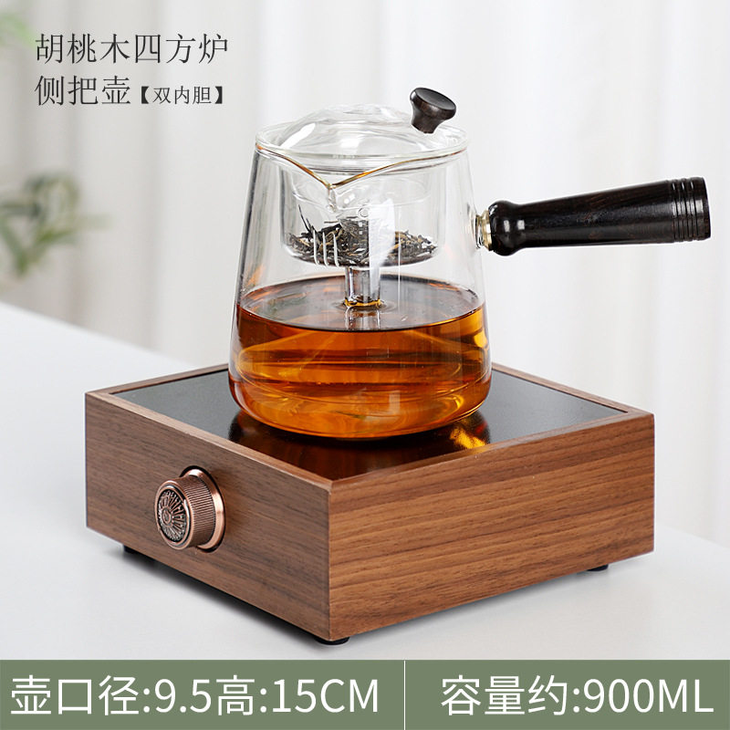 胡桃木实木电陶炉小型电热玻璃烧水壶套装家用静音黑茶蒸煮茶器