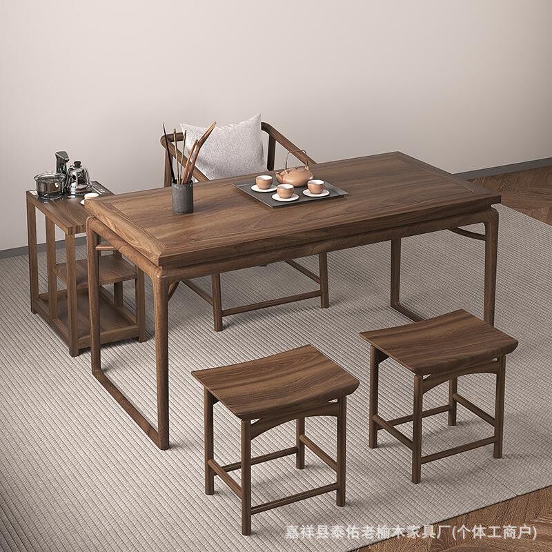 实木茶桌新中式榆木桌椅组合胡桃色阳台茶几泡茶台小户型榆木茶桌