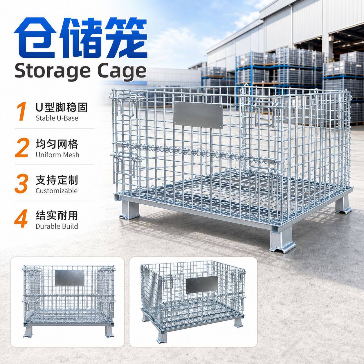 加厚折叠仓储笼带轮可堆叠铁筐快递分拣周转箱仓库储物重型仓储笼