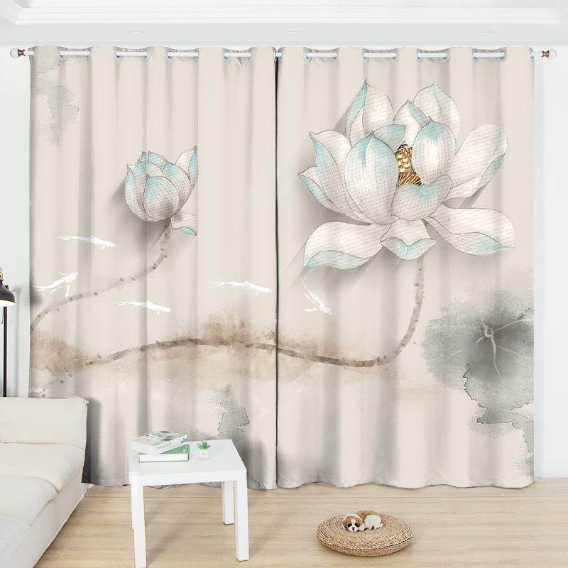 新款中国风荷花窗帘 客厅卧室书房新中式水墨荷花免打孔落地帘