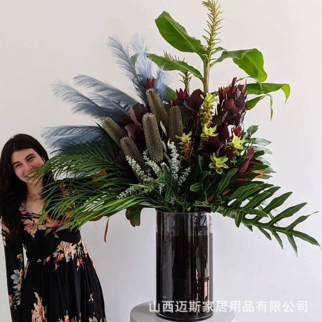 特大号玻璃花瓶透明直筒圆柱醒花筒60cm80厘米落地酒店大堂花器