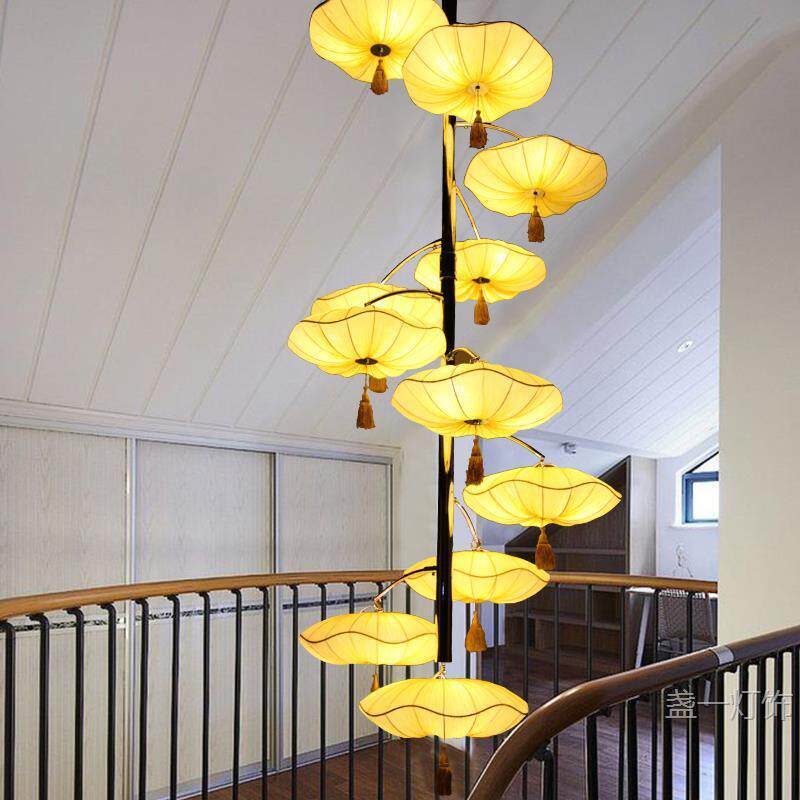 现代新中式布艺吊灯大气客厅餐厅灯茶楼酒店大堂复式楼梯间大吊灯