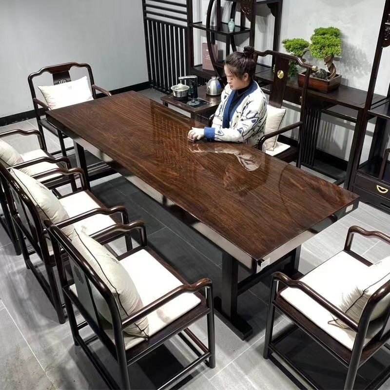 黑檀实木原木大板茶桌椅组合新中式奥坎茶台老板办公桌大班台桌面
