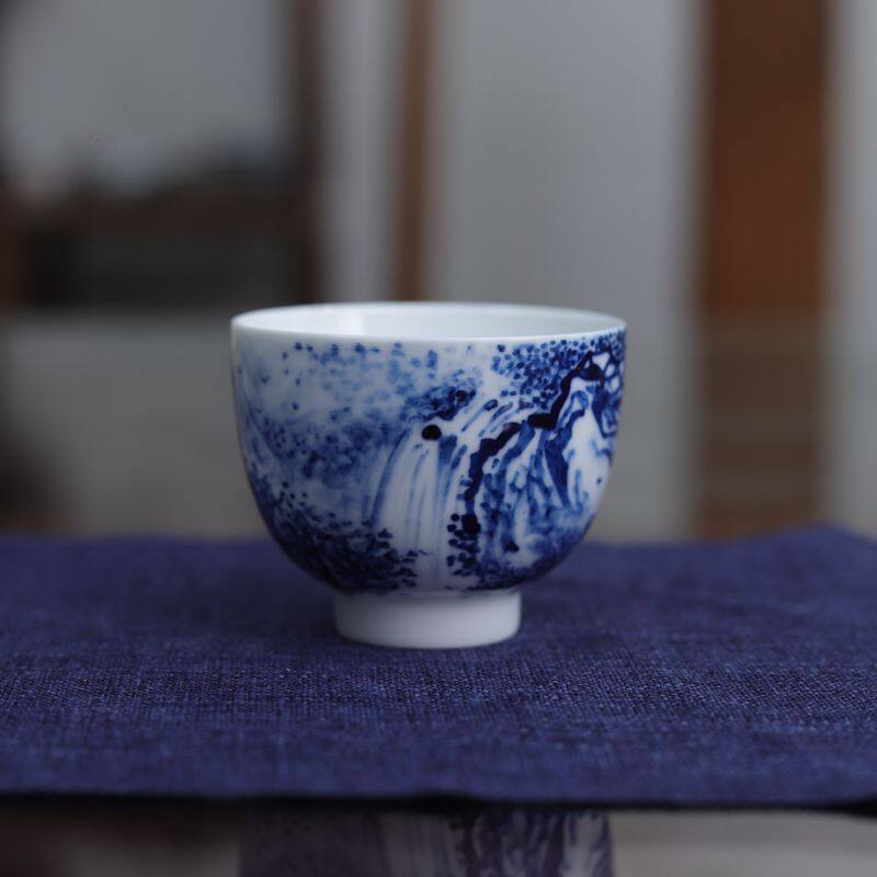 九希堂刘林荣釉下青花瓷山水画主人杯纯手绘品茗杯直口薄胎茶碗