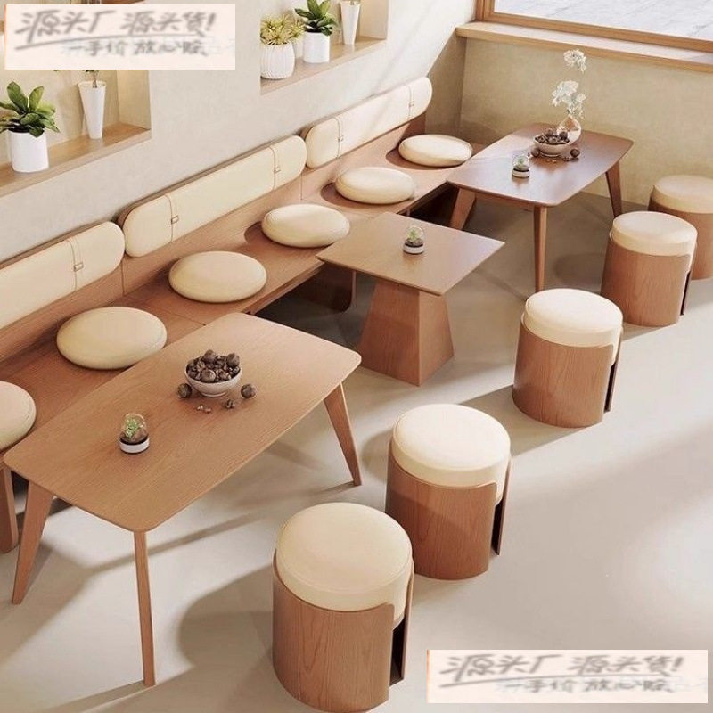 简约实木餐桌餐桌椅网红原木风咖啡店餐桌商用甜品店奶茶店长条凳
