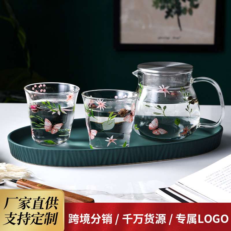高硼硅玻璃冷水壶套装创意家用透明杯子果汁壶花茶壶北欧贴花水具