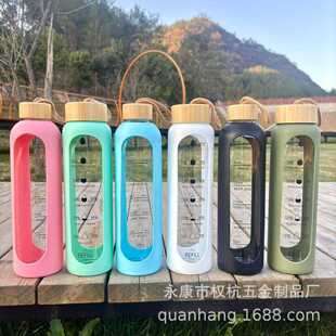 高硼硅单层玻璃瓶透明带刻度运动水杯带提绳1L大容量直饮水杯