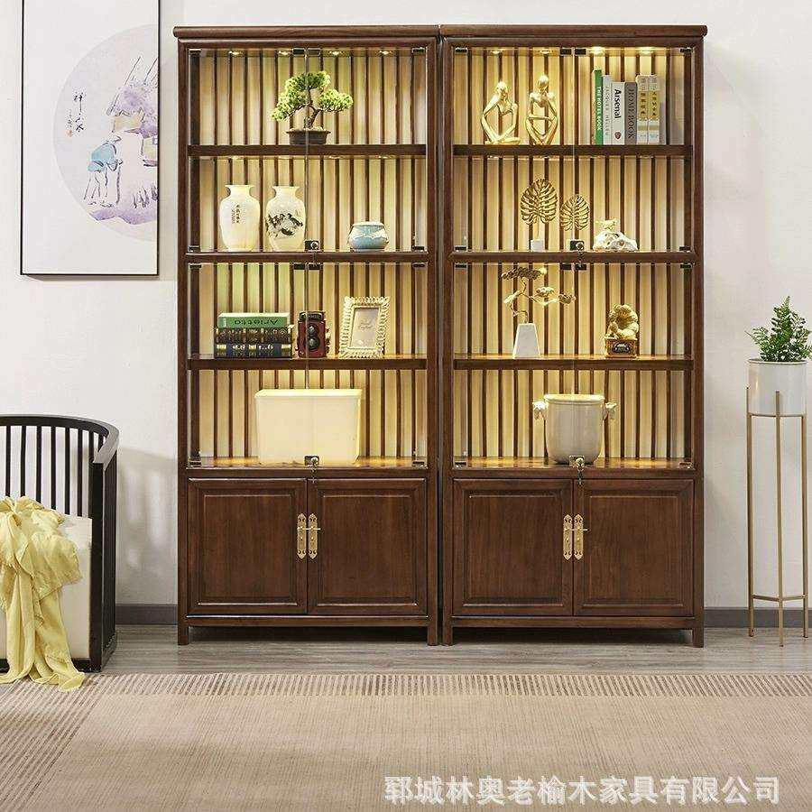 老榆木玻璃收纳柜多格茶具展示柜透明带灯商店储物柜文玩杂志柜