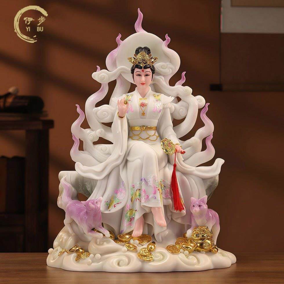 汉白玉九公子狐皇像九尾灵狐真身像四大家族胡仙白狐黑狐红狐像体