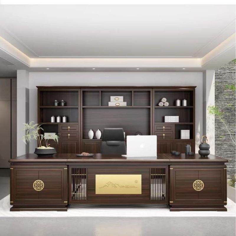 轻奢董事长实木办公桌乌金木新中式老板桌书柜禅意总裁大班台组合