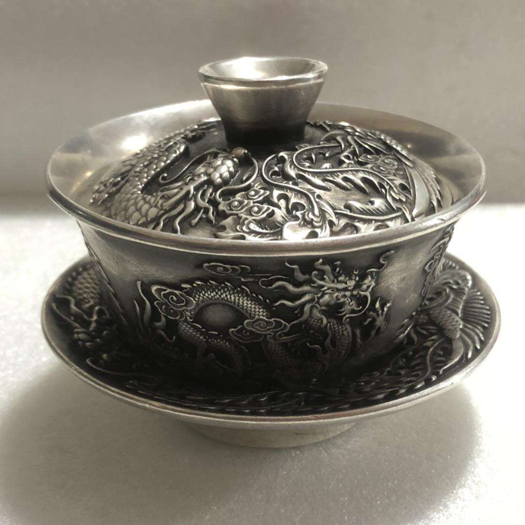 仿古铜碗三件套龙凤茶白铜镀银茶杯九龙茶盏浮雕古玩收藏复古摆件