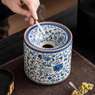汝窑青花缠枝莲漏斗式烟灰缸大号带盖防飞灰家用客厅创意时尚烟缸