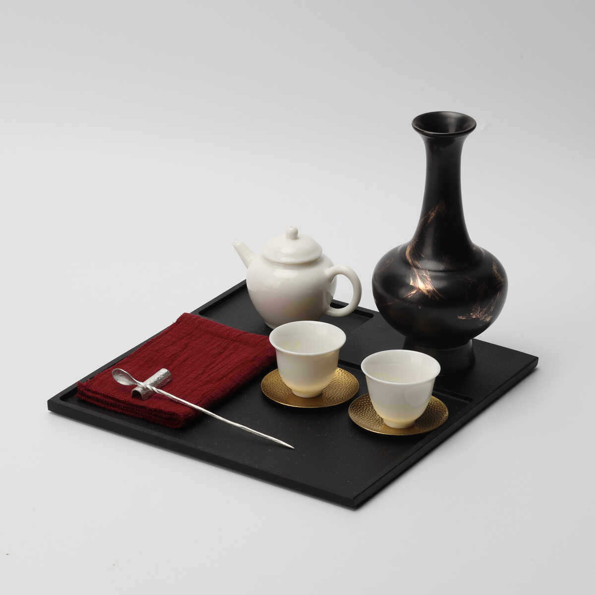 新中式样板房飘窗台装饰组合茶具摆件黑金花瓶乌金石小茶托盘