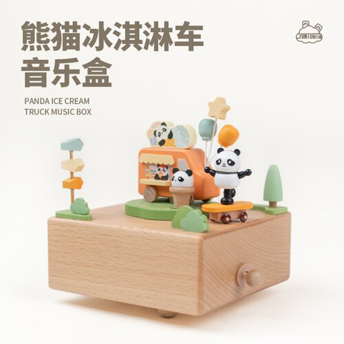 熊猫主题八音盒木质机械桌面摆件