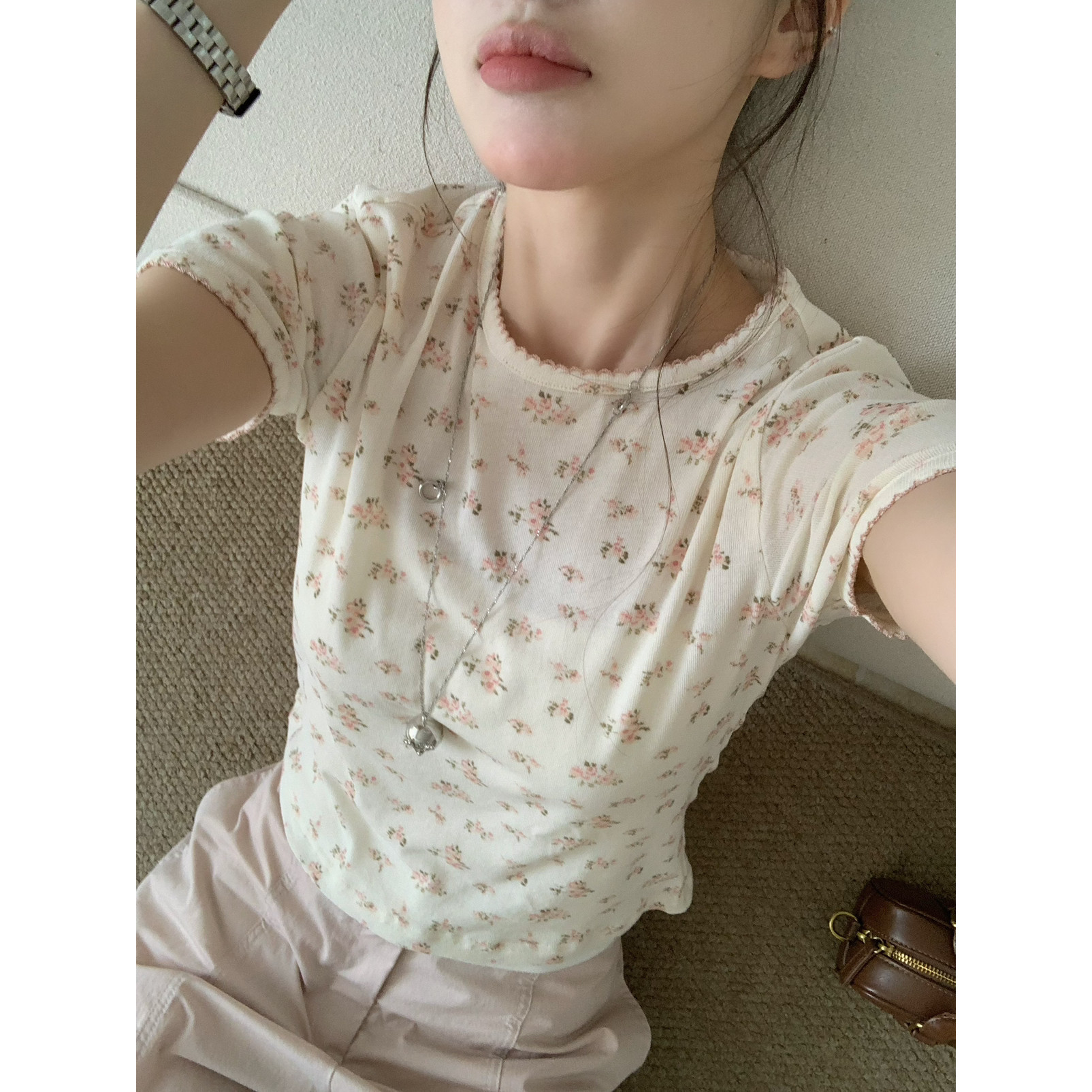 夏上新韩系复古百搭狗牙绣花边小碎花短袖T恤HT26530