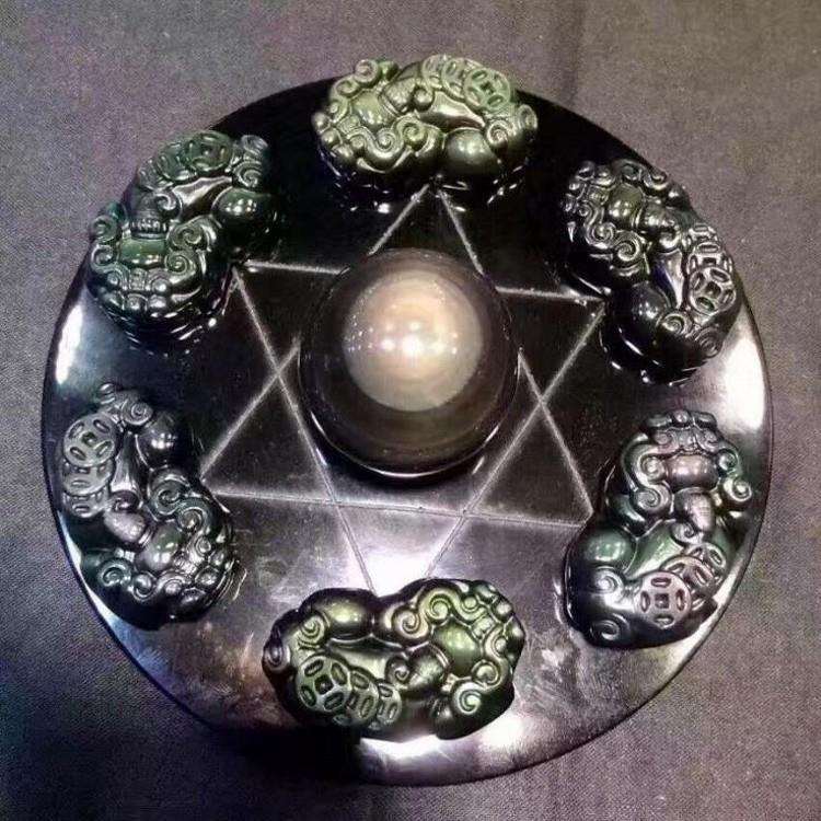 天然黑曜石七星阵貔貅摆件 家居办公饰品 皮休瑞兽 吉祥物摆饰
