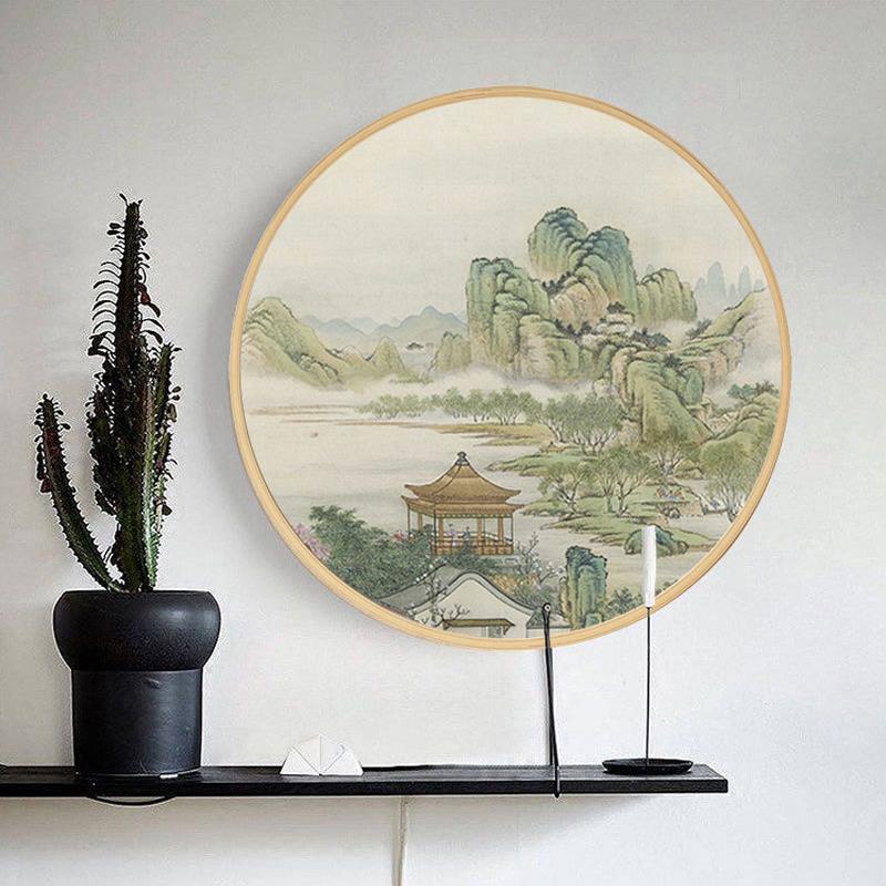 实木圆形水墨山水国画禅意新中式玄关装饰画客厅背景挂画餐厅壁画