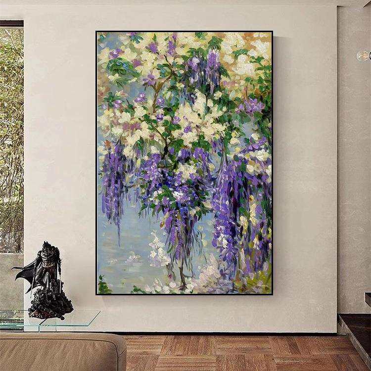 纯手绘油画玄关走廊花卉挂画厚油抽象轻奢装饰画餐厅个性壁画紫色