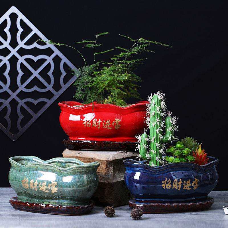 花盆陶瓷进宝红色树人参榕树文竹盆创意复古带托盘厂家直销