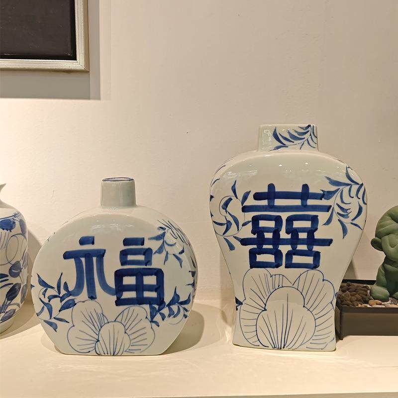 手绘青花瓷喜字陶瓷花瓶花器花插中式陶罐插花摆件复古仿古