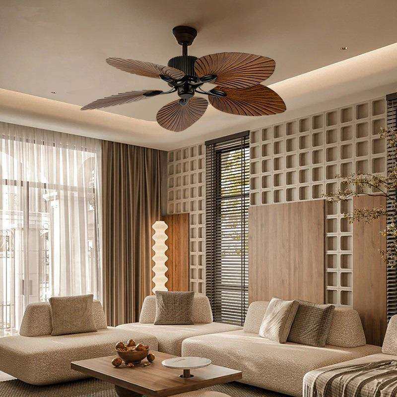 客厅吊扇东南亚风扇灯餐厅扇民宿仿古卧室灯电风扇树叶复古无灯款