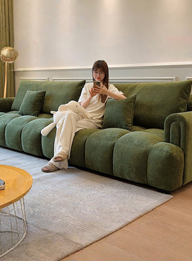 法式复古中古风可全拆洗雪尼尔泡芙布艺沙发小户型客厅直排绿色