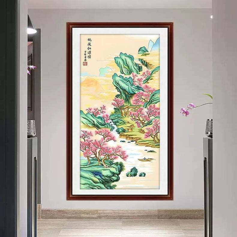 名画桃花仙源图十字绣2023新款线绣竖版客厅卧室玄关走廊风景国画