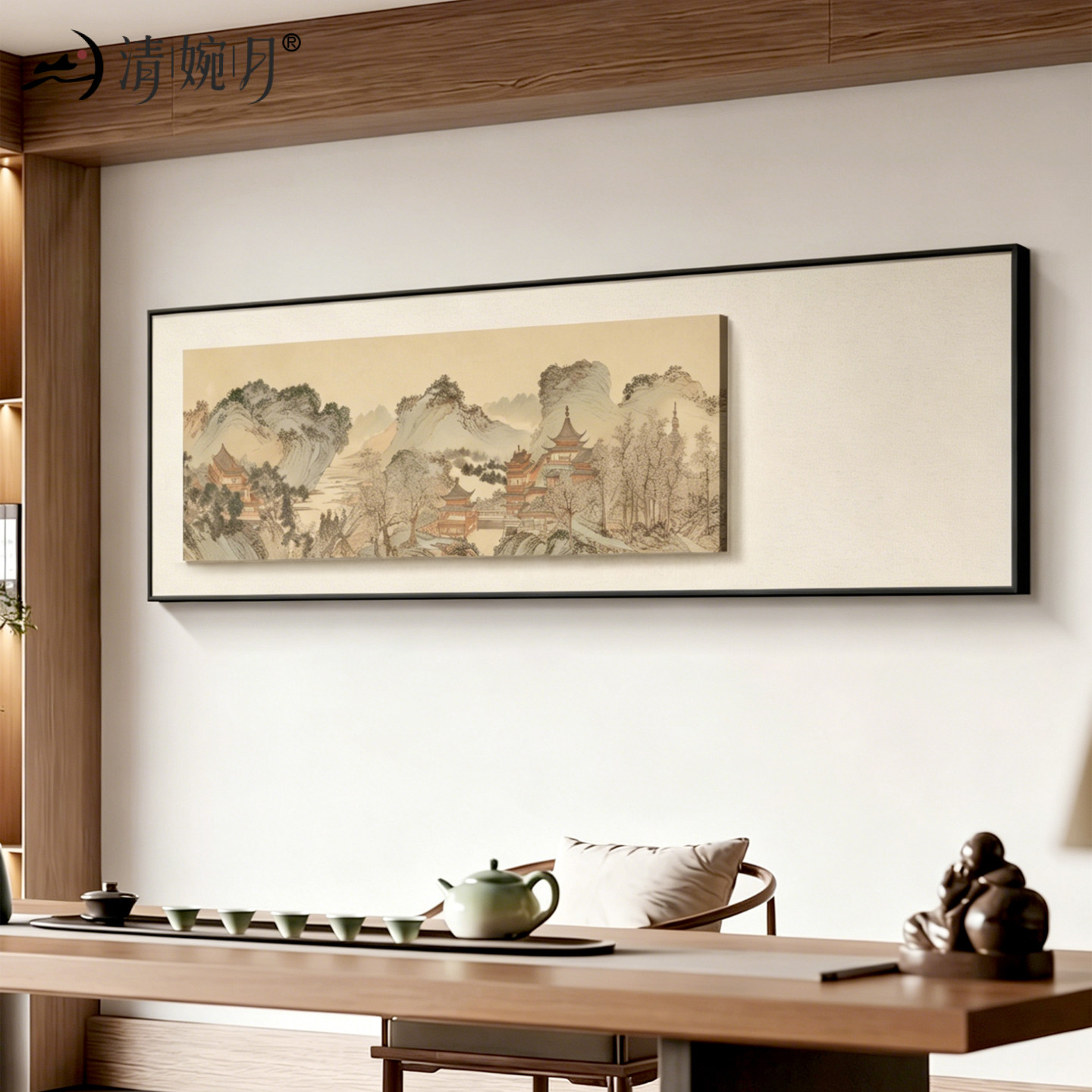 新中式茶室背景墙山水装饰画宋代美学高级感国风挂画客厅横版大画