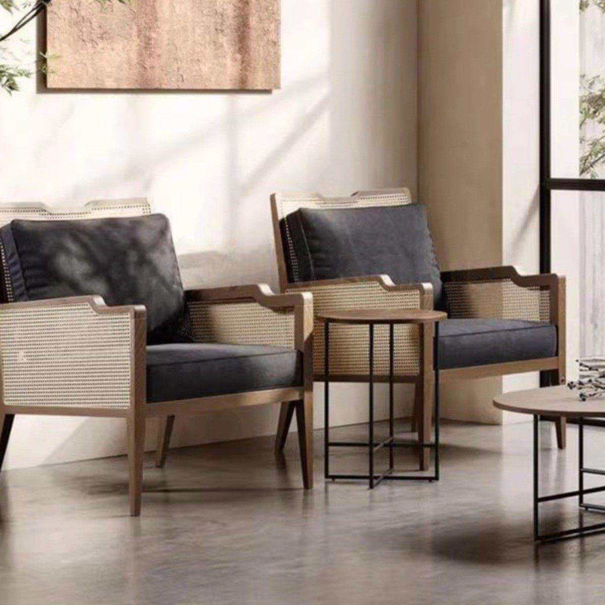 新中式实木沙发椅设计师款藤编配坐垫休闲椅民宿人沙发椅三件套