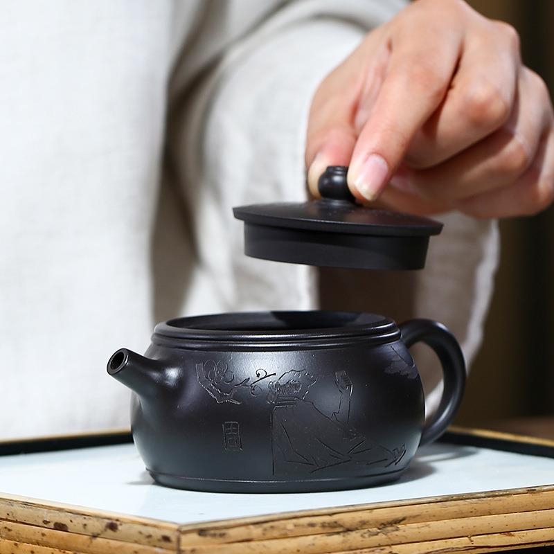 紫砂壶厂家直销宜兴原矿黑朱泥茶缘井栏壶王婷全手工泡茶壶混