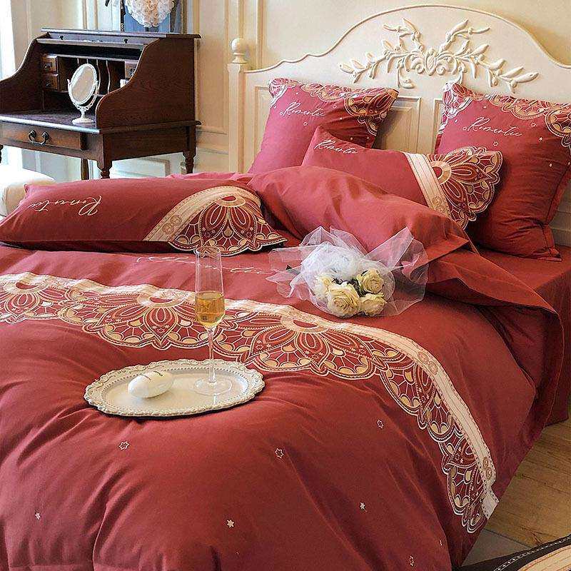 公主风结婚纯棉四件套大红色床单婚庆被套喜被新婚嫁磨毛床上用品