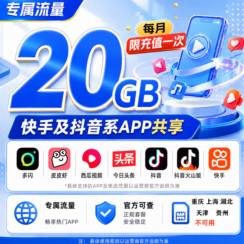 抖音快手番茄红果中国联通20GB定向流量包当月有效4G5G高速流量包
