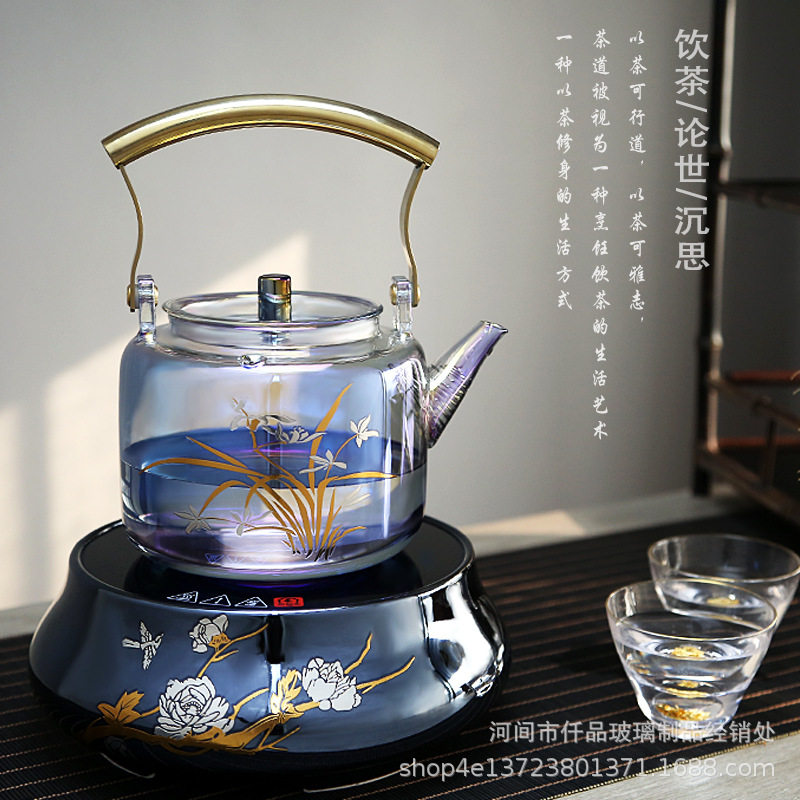 批发新款围炉玻璃煮茶器烧水壶大容量沸水壶炫彩过滤提梁壶贝彩壶