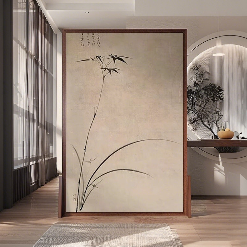 新中式禅意墨竹实木移动隔断屏风