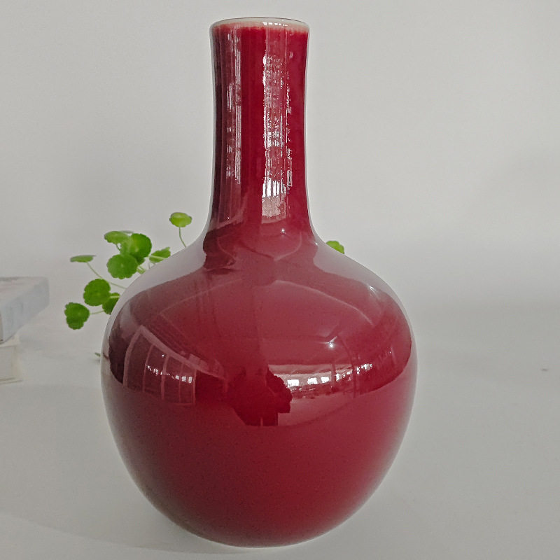 新中式陶瓷郎红手工花瓶摆件家居客厅玄关插花仿真电视柜餐桌装饰