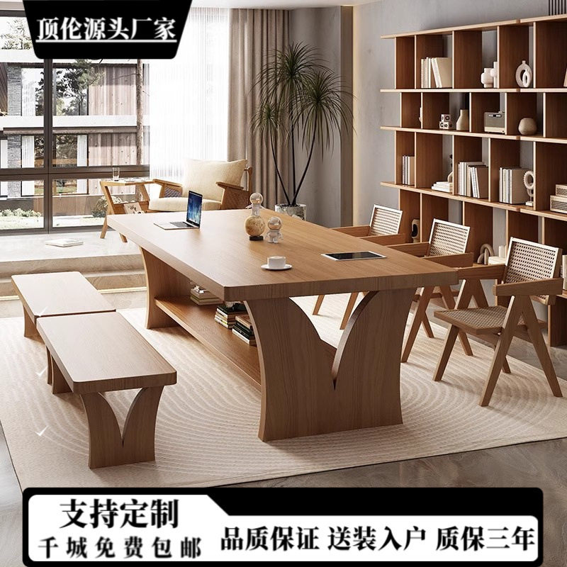 简约原木长桌客厅家用实木书桌双层隔板创意办公桌工作台大书法桌