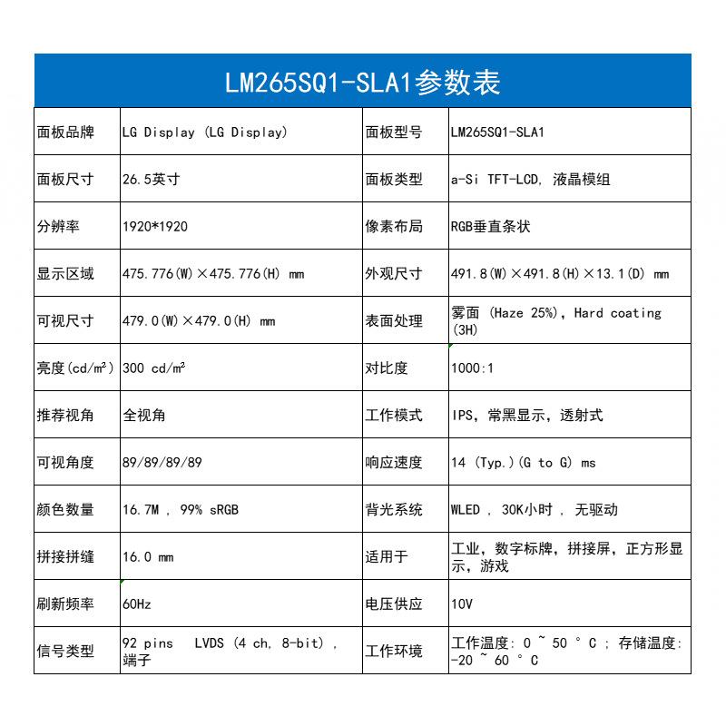 LM265SQ1-SLA1液晶模组LG26.5寸正方形显示液晶屏工业工控拼接屏