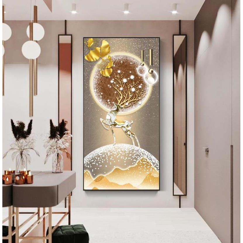 现代轻奢玄关LED灯带装饰画福鹿呈祥好寓意走廊过道壁画入户挂画图片