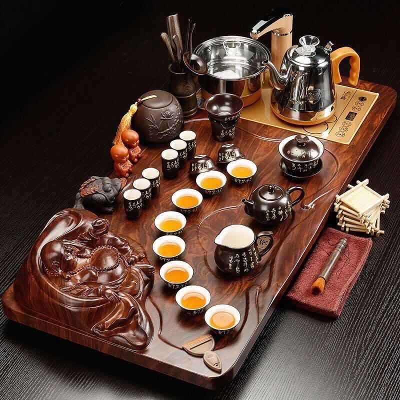 厂家紫砂茶具套装四合一整套冰裂电磁炉实木花梨茶盘茶海茶台