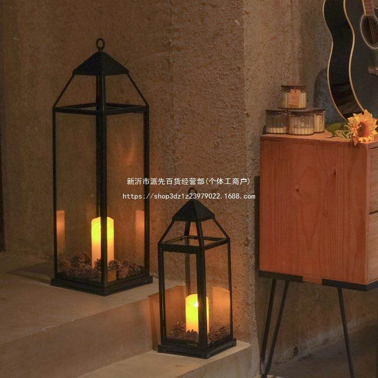 欧式黑色铁艺落地风灯钢化玻璃庭院摆件软装民宿酒店大堂户外烛台
