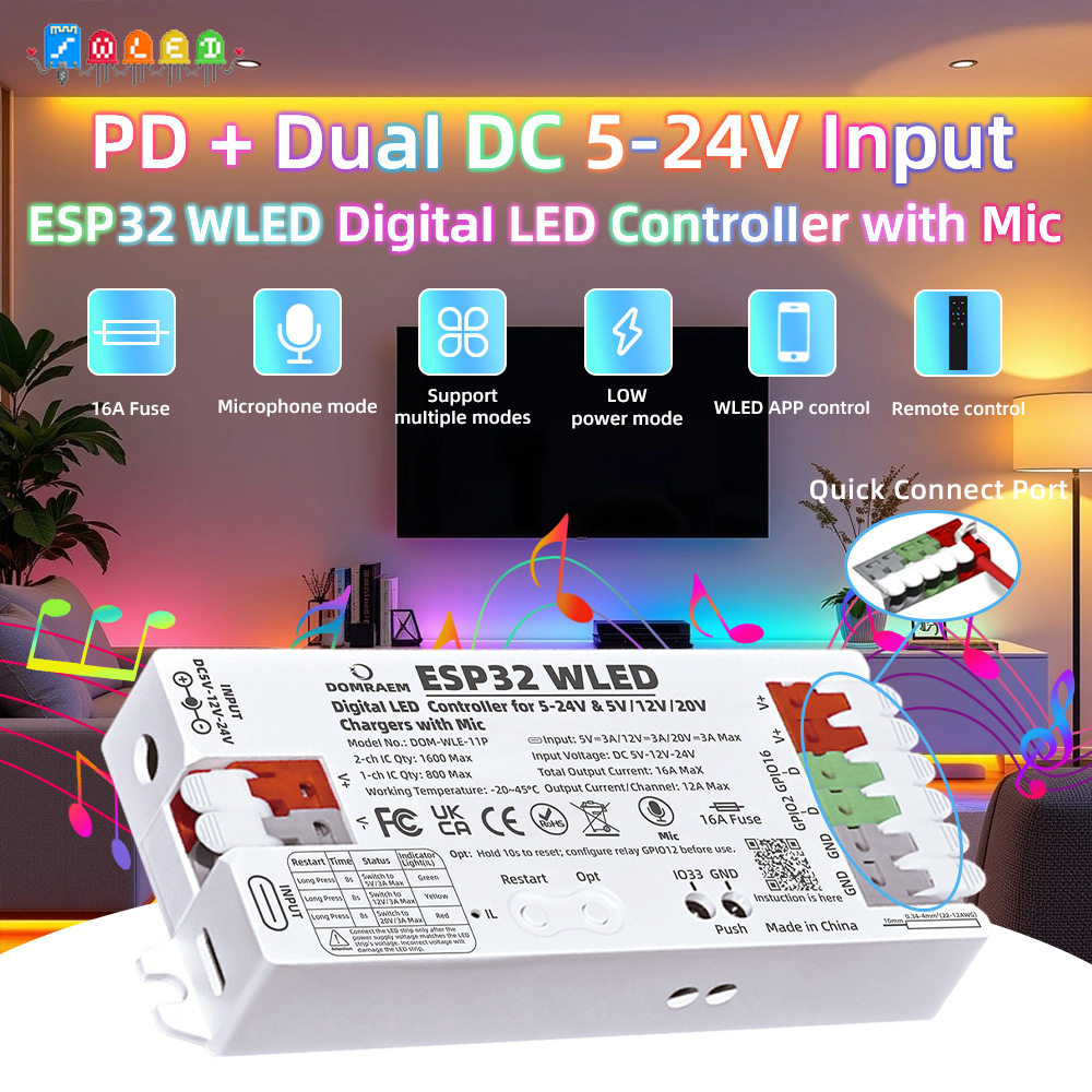 DOMRAEM PD供电ESP32 WLED数字LED控制器带麦克风16A保险丝WS281X