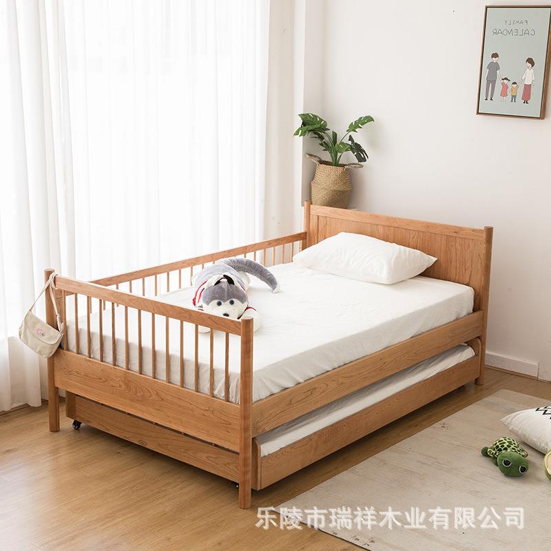 全实木高低床伸缩抽拉樱桃木儿童床带拖床双层子母床带护栏上下铺